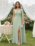 Modern Dusty Sage Chiffon A-Line One Shoulder Side Zip Ankle-Length Bridesmaid Dress