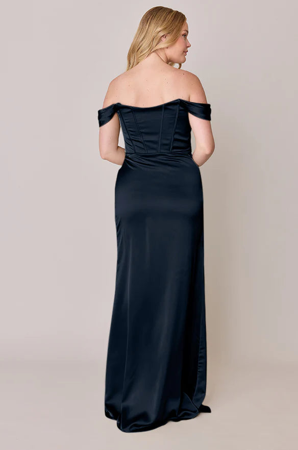 Modern Off-Shoulder Corset Bodice Satin Mermaid Bridesmaid Dress with High Side Slit