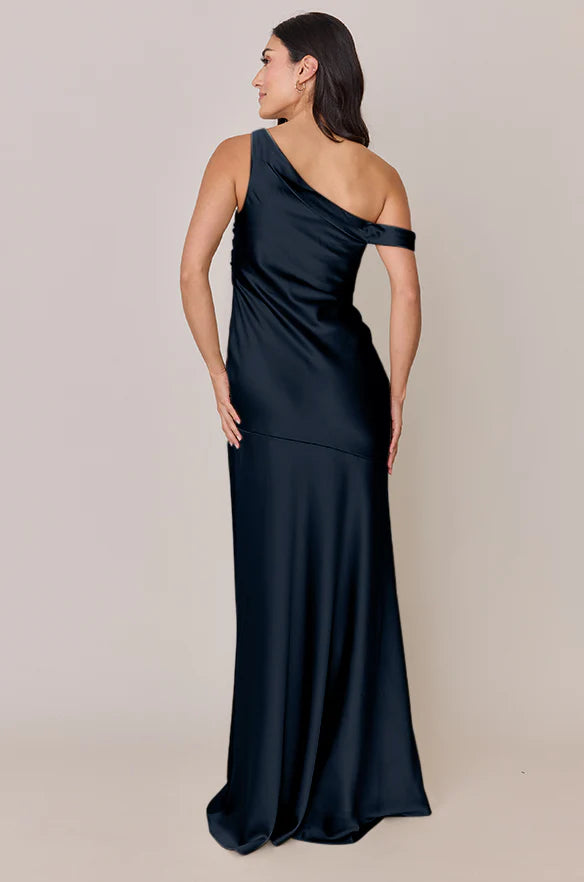 Modern One-Shoulder Navy Blue Satin Bridesmaid Dress with Ruched Bodice & High Thigh Slit