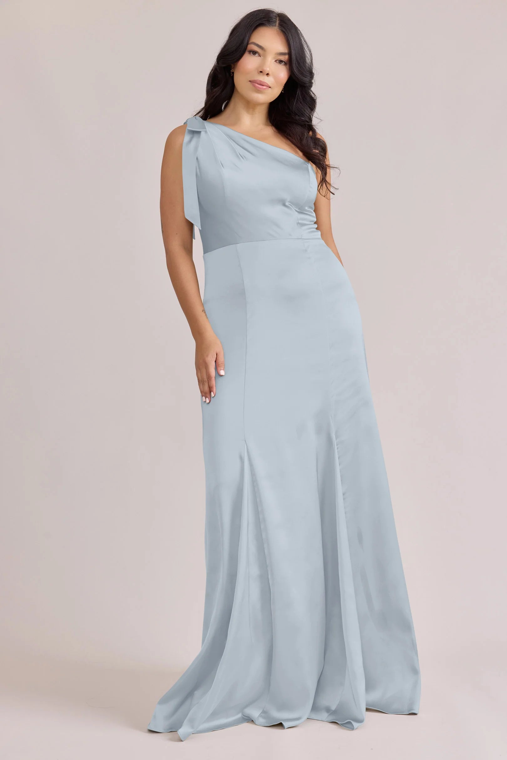 Modern One-Shoulder Satin A-Line Bridesmaid Dress with Bow Detail in Sky Blue
