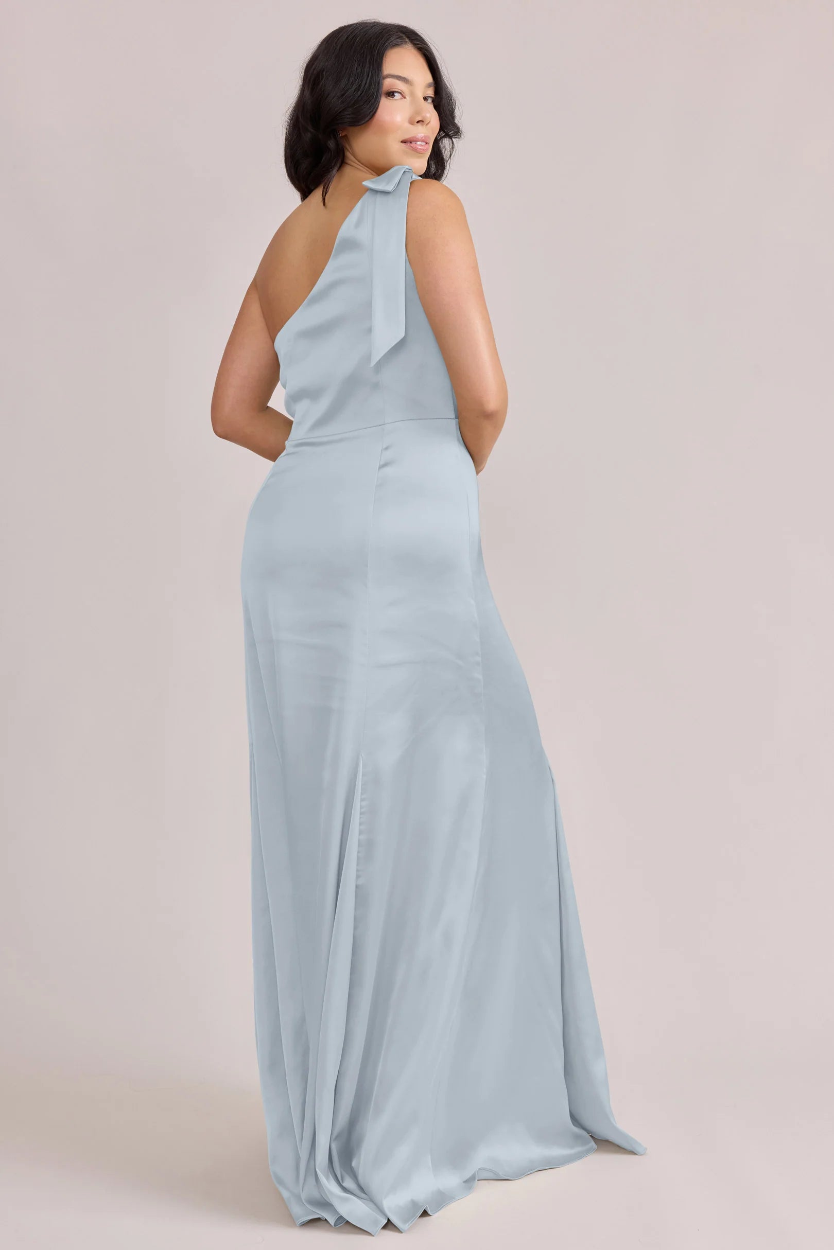 Modern One-Shoulder Satin A-Line Bridesmaid Dress with Bow Detail in Sky Blue