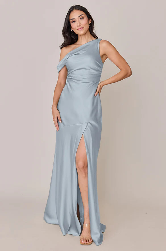 Modern One-Shoulder Satin Mermaid Bridesmaid Dress with Cutout Detail & High Slit in Sky Blue