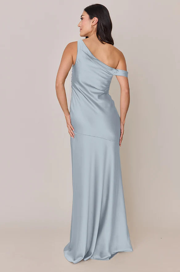 Modern One-Shoulder Satin Mermaid Bridesmaid Dress with Cutout Detail & High Slit in Sky Blue