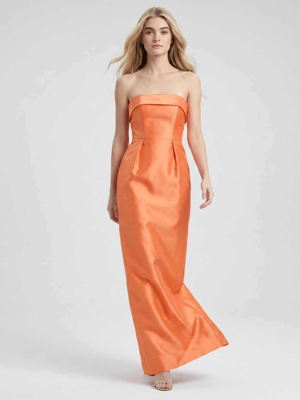 Modern Orange Satin Sheath Straight Neck Back Zip Floor-Length Bridesmaid Dress with Pleated Detail