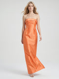 Modern Orange Satin Sheath Straight Neck Back Zip Floor-Length Bridesmaid Dress with Pleated Detail