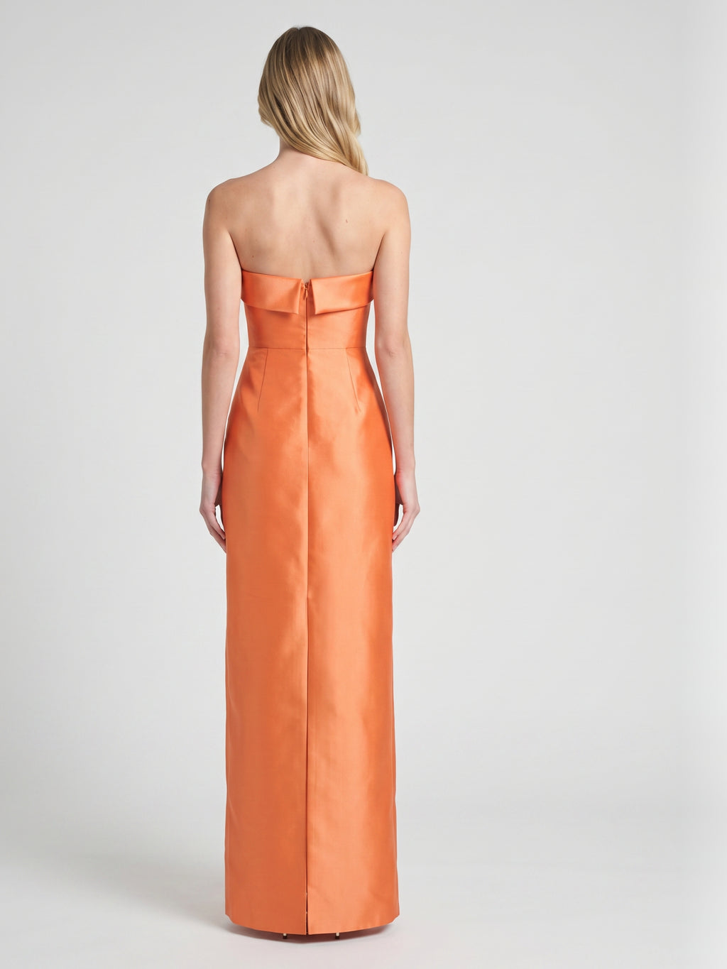 Modern Orange Satin Sheath Straight Neck Back Zip Floor-Length Bridesmaid Dress with Pleated Detail