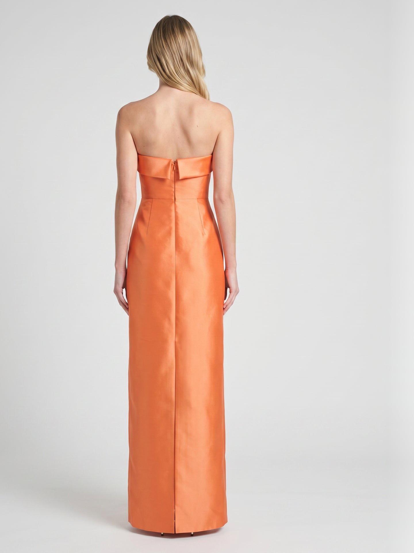Modern Orange Satin Sheath Straight Neck Back Zip Floor-Length Bridesmaid Dress with Pleated Detail