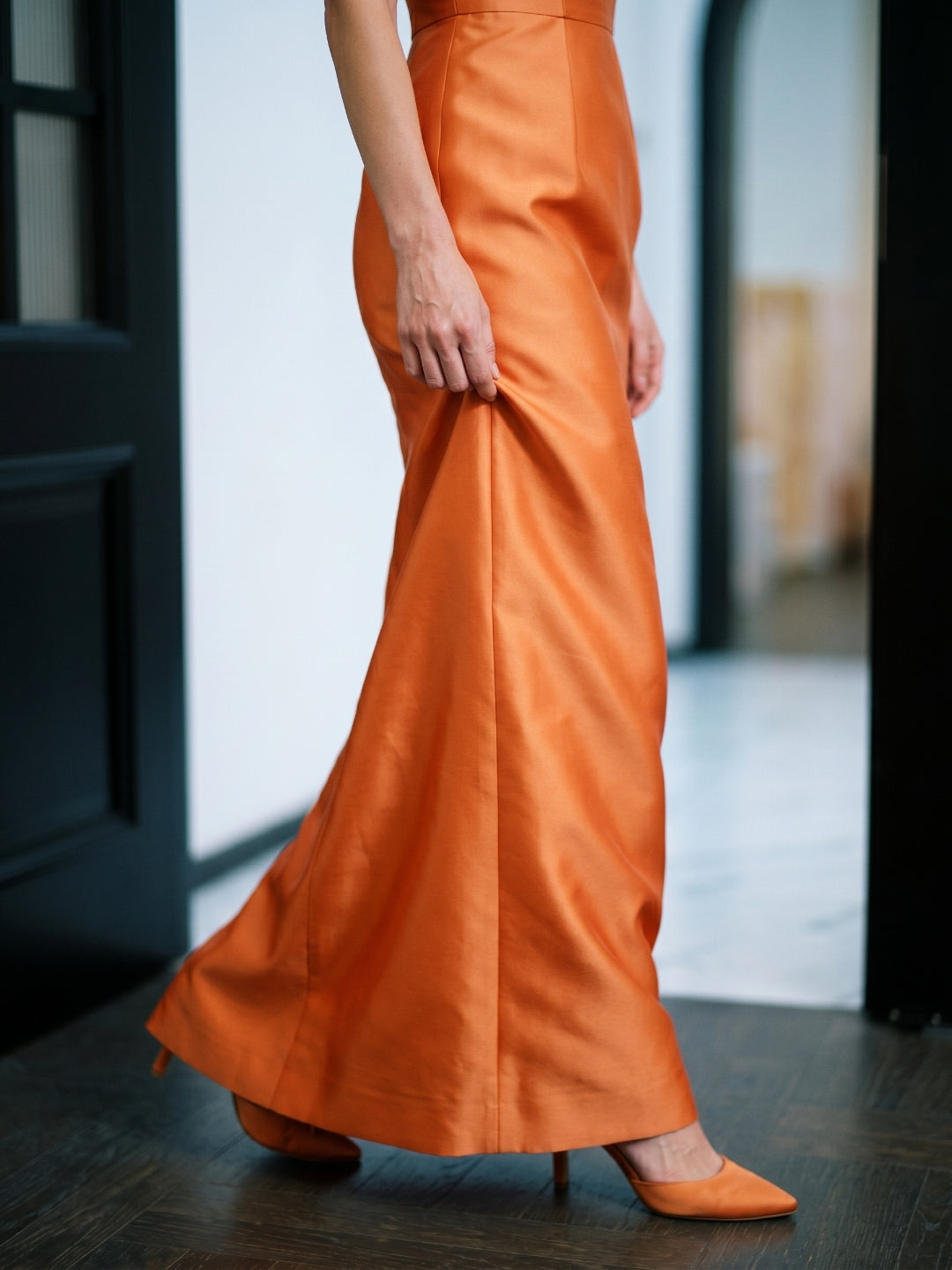 Modern Orange Satin Sheath Straight Neck Back Zip Floor-Length Bridesmaid Dress with Pleated Detail
