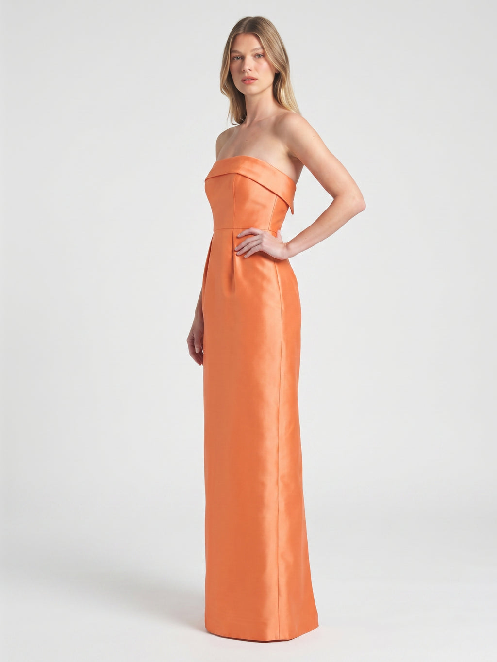 Modern Orange Satin Sheath Straight Neck Back Zip Floor-Length Bridesmaid Dress with Pleated Detail