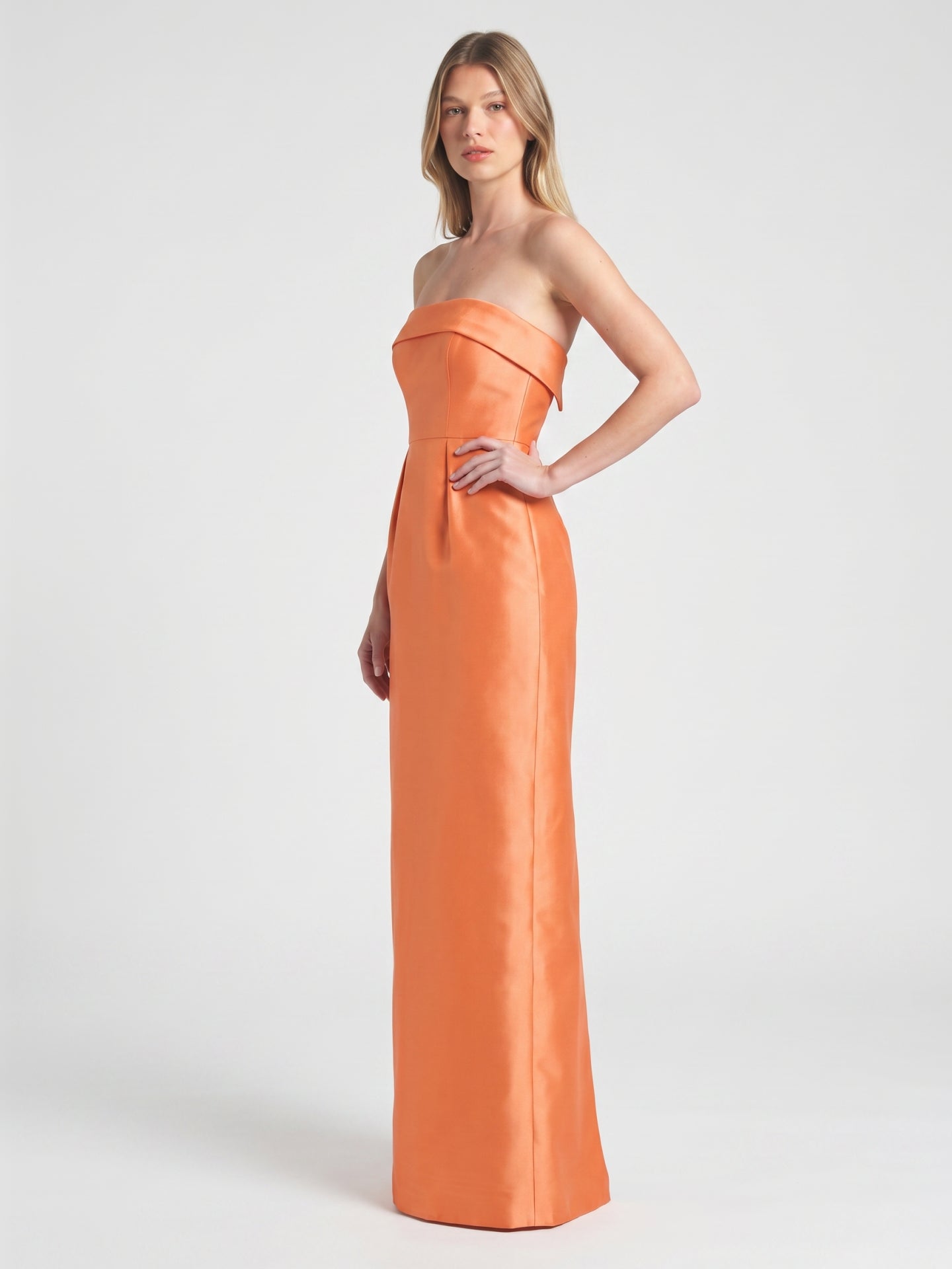 Modern Orange Satin Sheath Straight Neck Back Zip Floor-Length Bridesmaid Dress with Pleated Detail