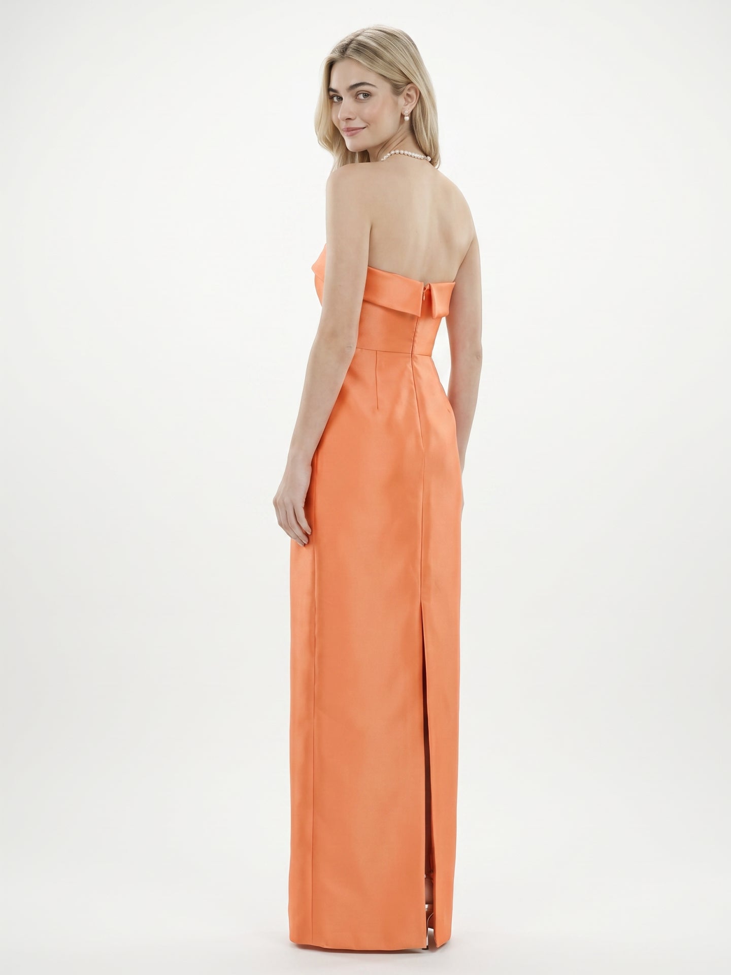 Modern Orange Satin Sheath Straight Neck Back Zip Floor-Length Bridesmaid Dress with Pleated Detail