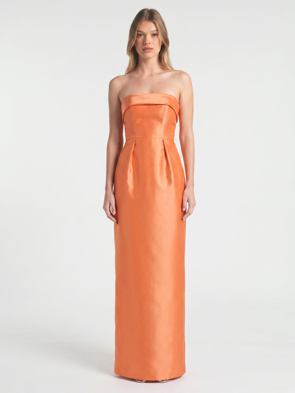 Modern Orange Satin Sheath Straight Neck Back Zip Floor-Length Bridesmaid Dress with Pleated Detail