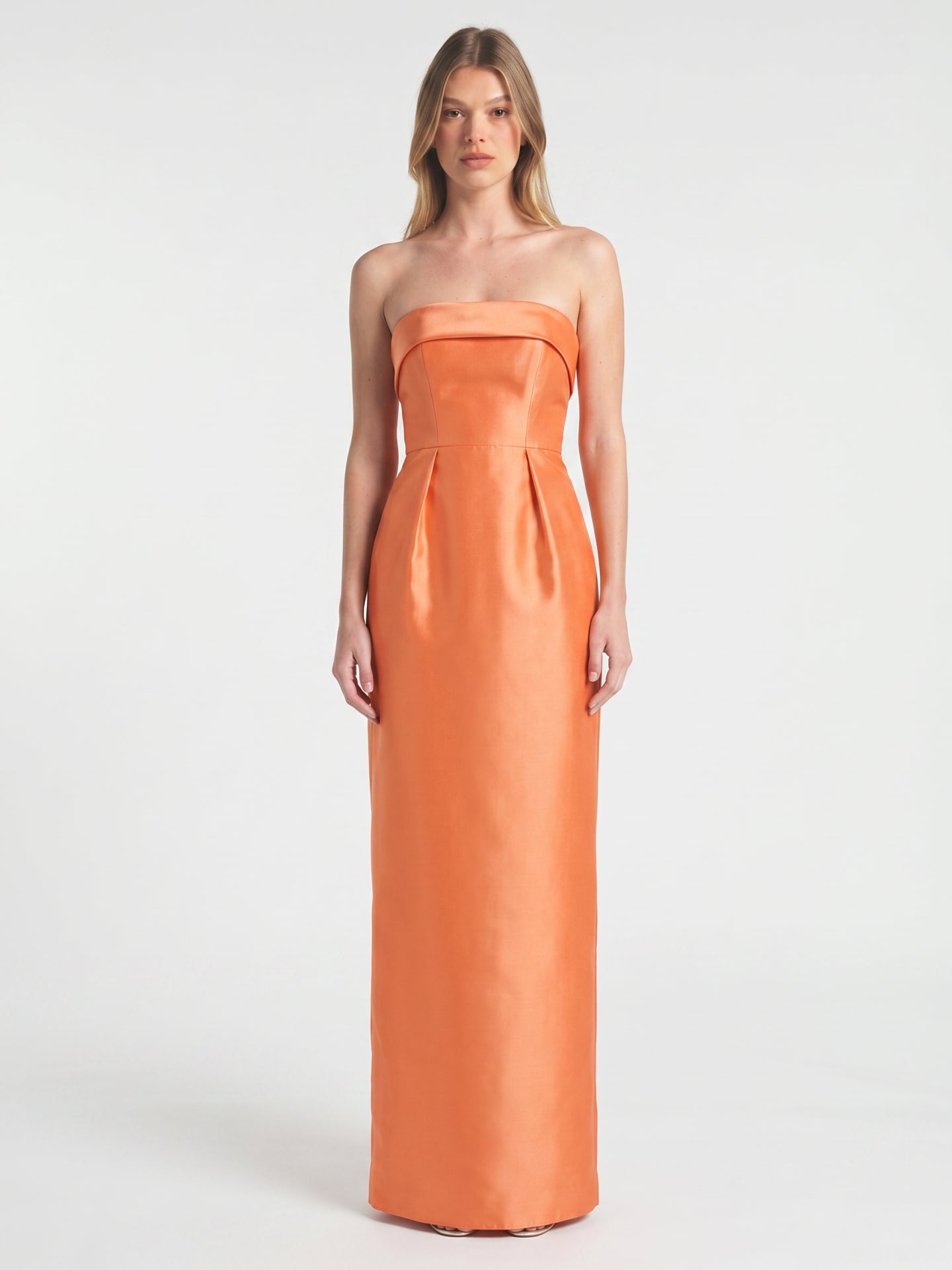 Modern Orange Satin Sheath Straight Neck Back Zip Floor-Length Bridesmaid Dress with Pleated Detail
