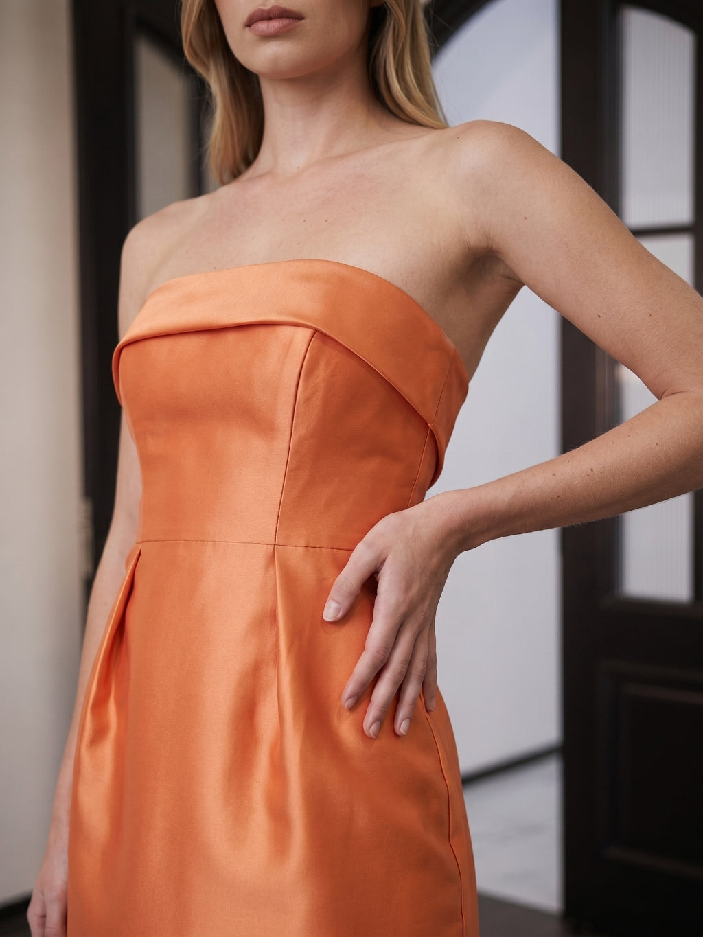 Modern Orange Satin Sheath Straight Neck Back Zip Floor-Length Bridesmaid Dress with Pleated Detail