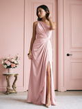 Modern Petal Satin A-Line One-Shoulder Backless Floor-Length Bridesmaid Dress with Pleats
