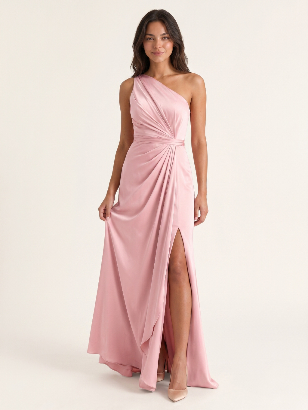 Modern Petal Satin A-Line One-Shoulder Backless Floor-Length Bridesmaid Dress with Pleats