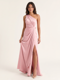 Modern Petal Satin A-Line One-Shoulder Backless Floor-Length Bridesmaid Dress with Pleats