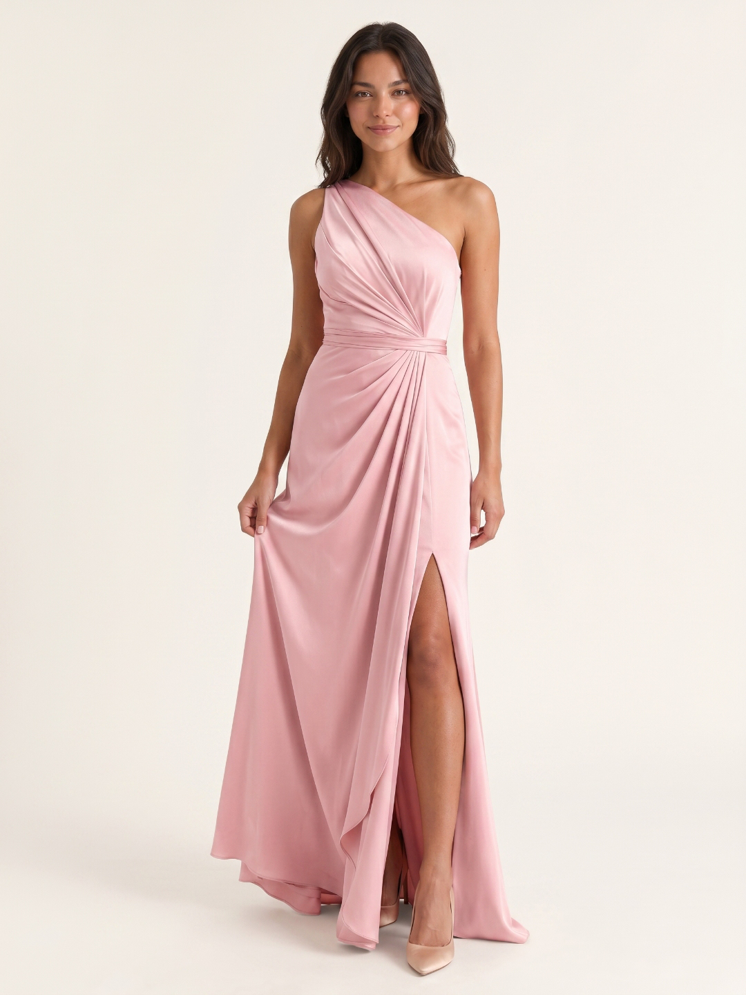 Modern Petal Satin A-Line One-Shoulder Backless Floor-Length Bridesmaid Dress with Pleats