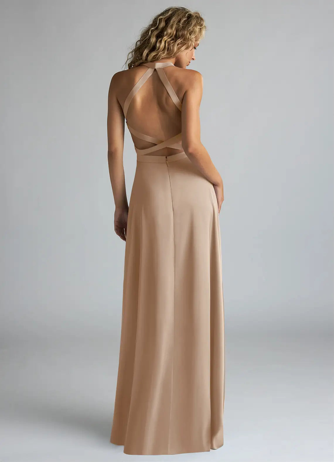 Modern Satin A-Line Halter Sleeveless Crisscross Back Floor-Length Bridesmaid Dress with Slit