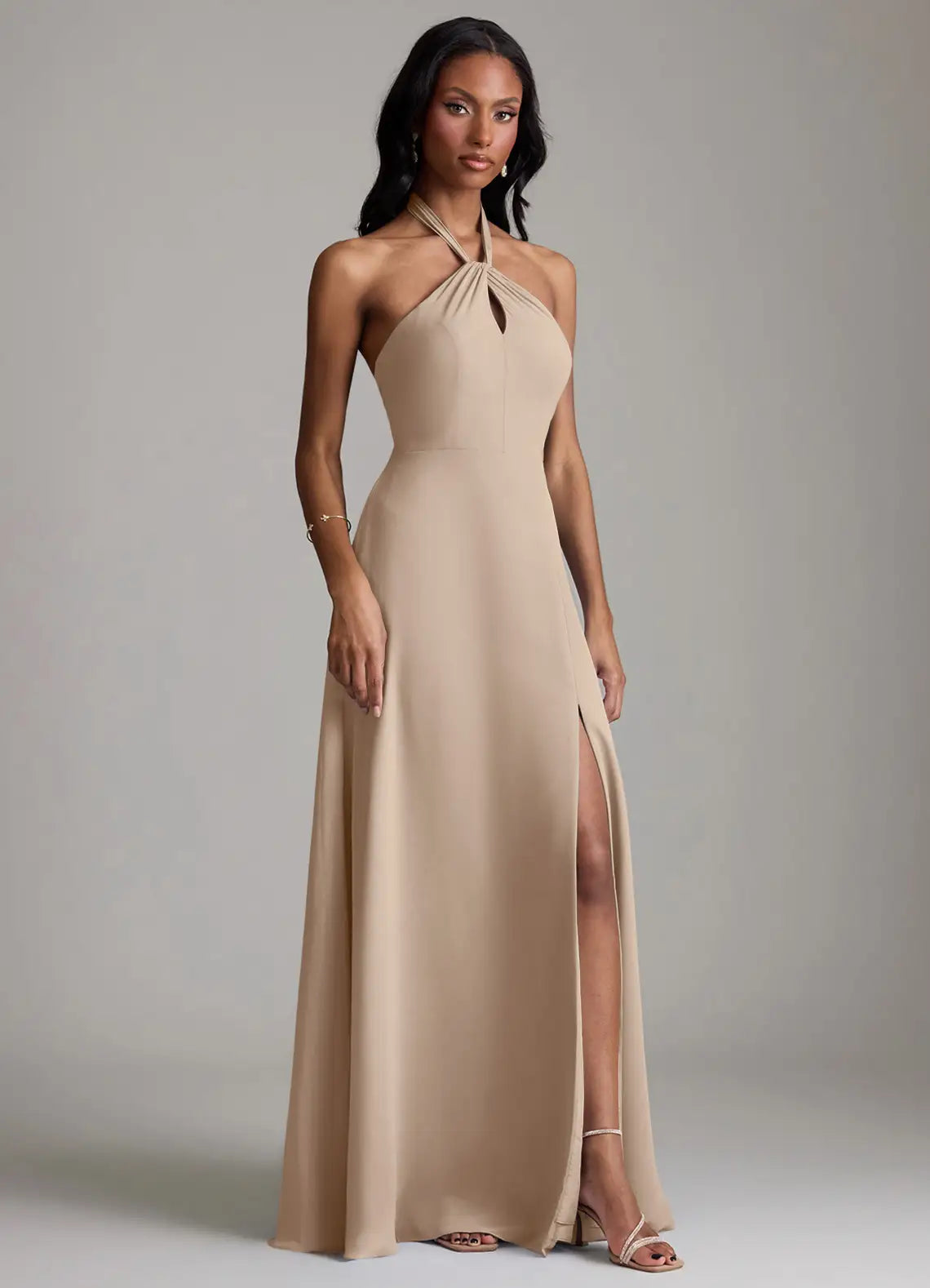 Modern Satin Bridesmaid Dresses with Halter Neckline, Keyhole Detail and High Slit Formal Gown