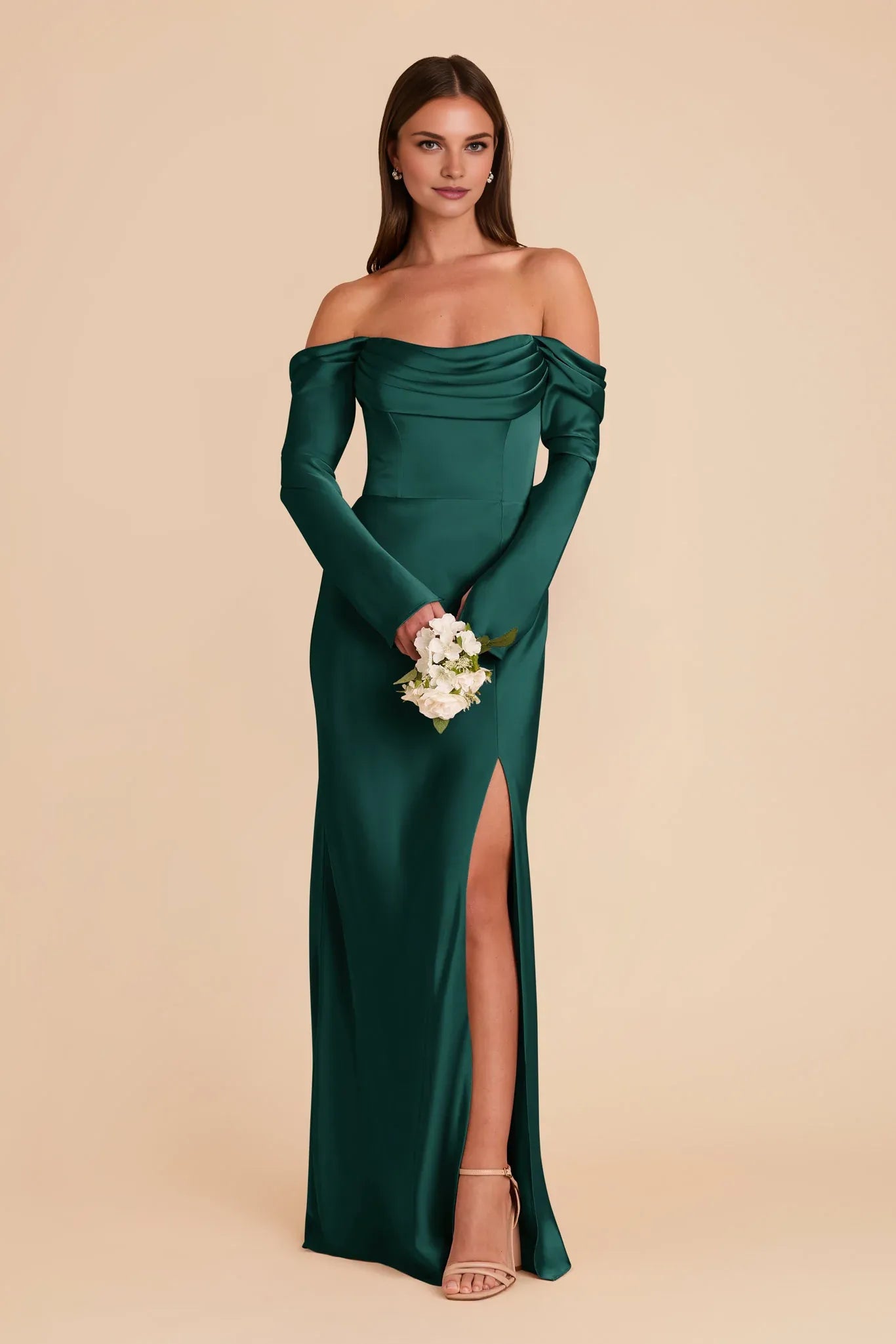 Modern Sheath/Column Cowl Neck Long Sleeve Satin Pleated Maxi Bridesmaid Dress