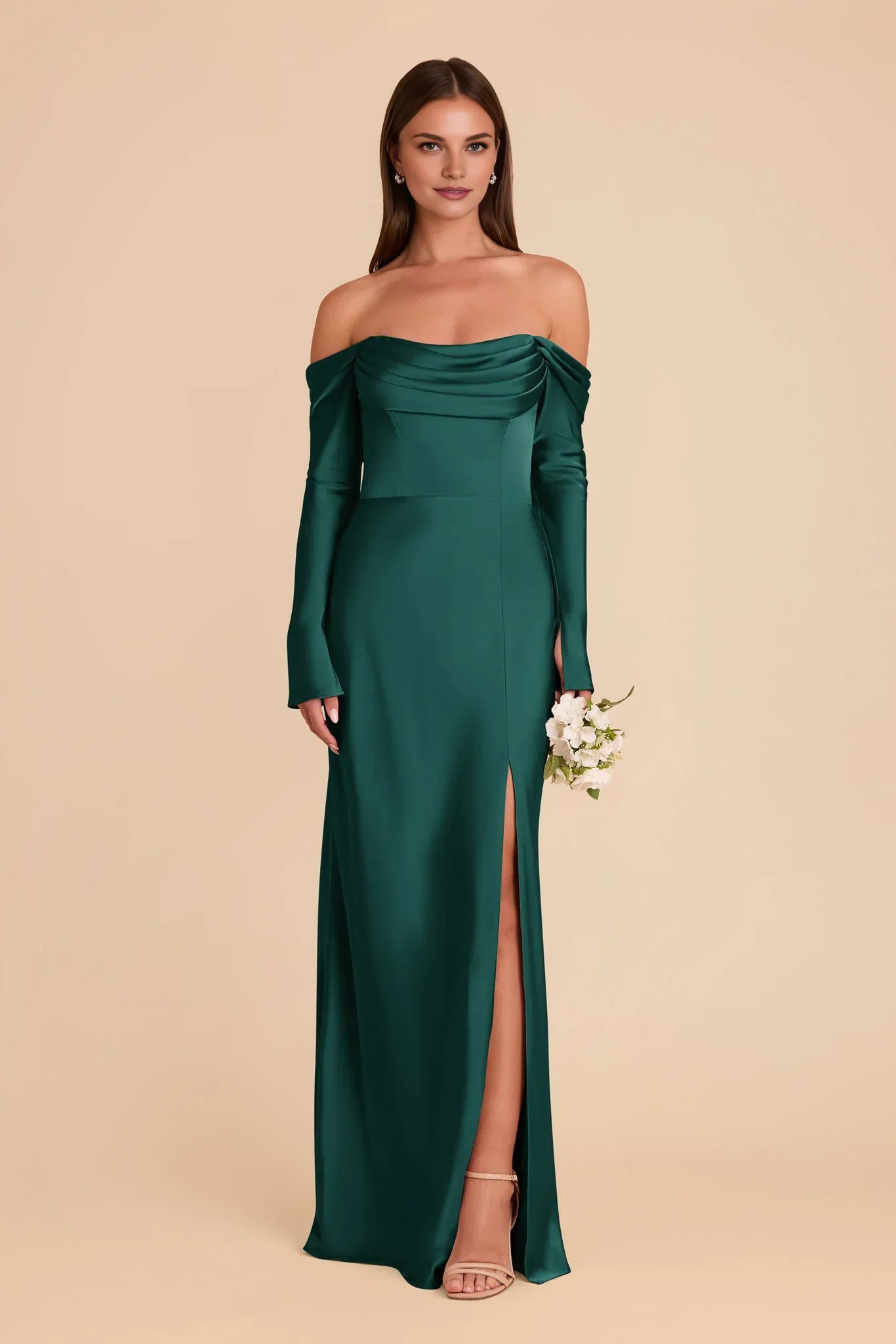 Modern Sheath/Column Cowl Neck Long Sleeve Satin Pleated Maxi Bridesmaid Dress