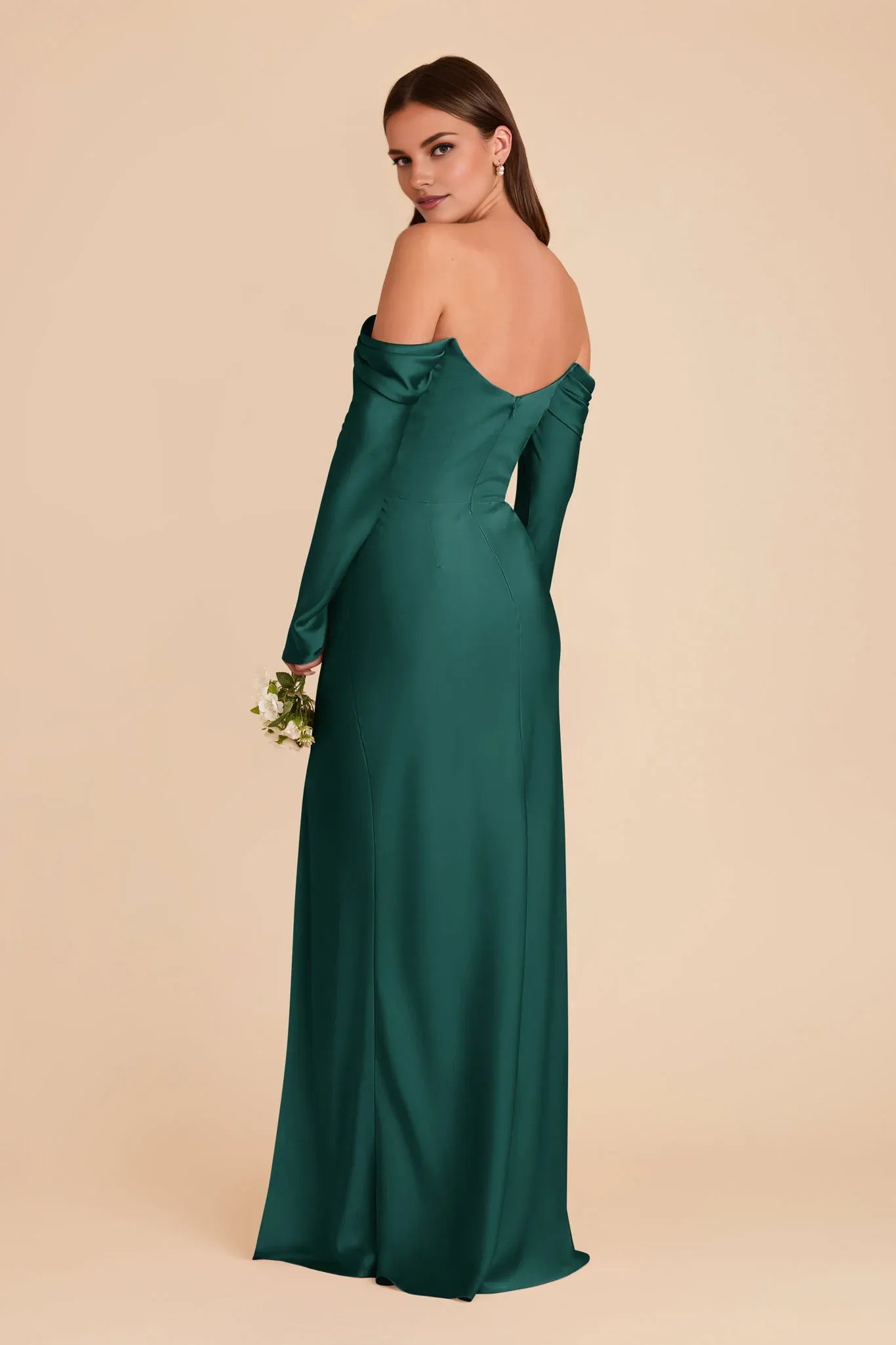 Modern Sheath/Column Cowl Neck Long Sleeve Satin Pleated Maxi Bridesmaid Dress
