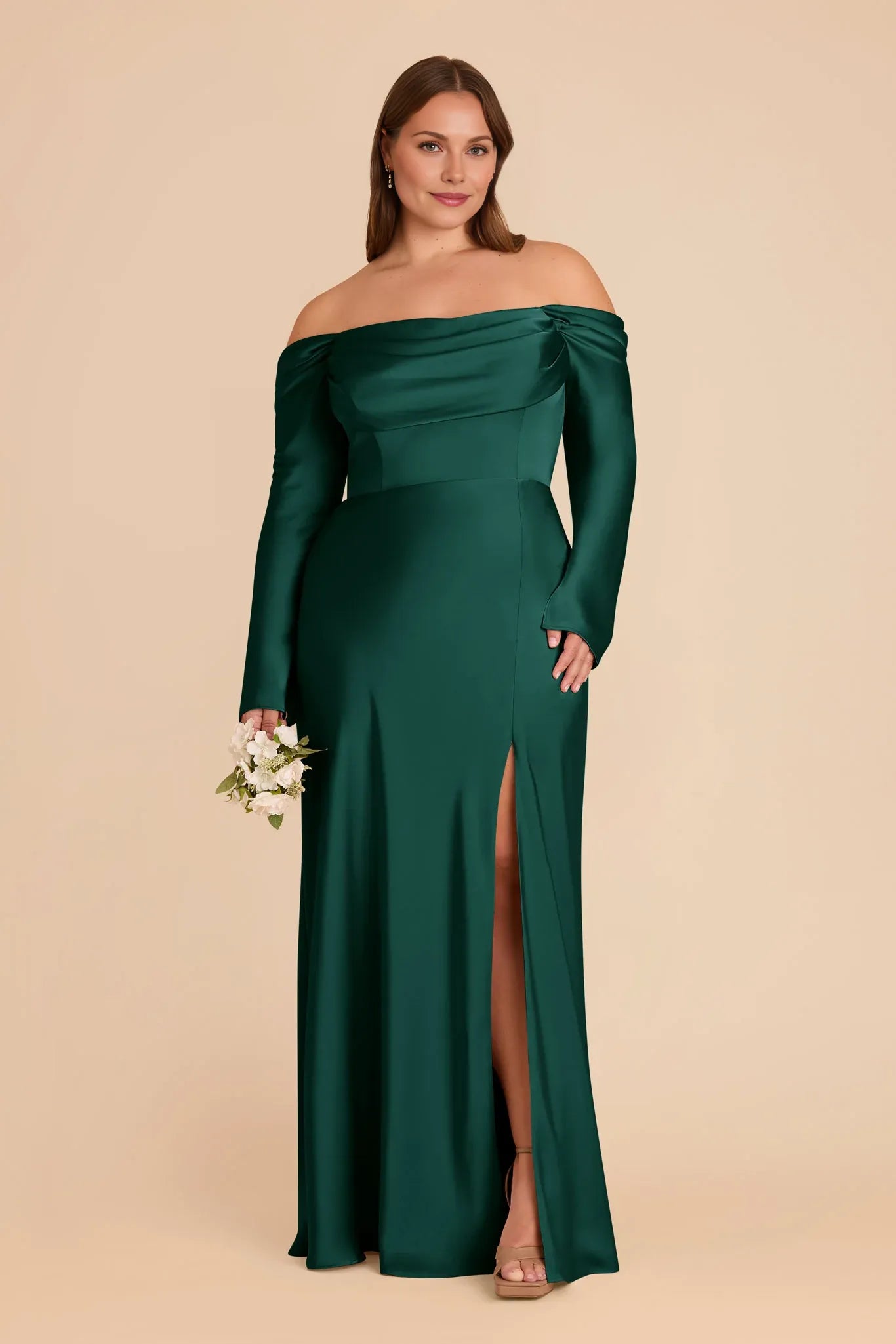 Modern Sheath/Column Cowl Neck Long Sleeve Satin Pleated Maxi Bridesmaid Dress