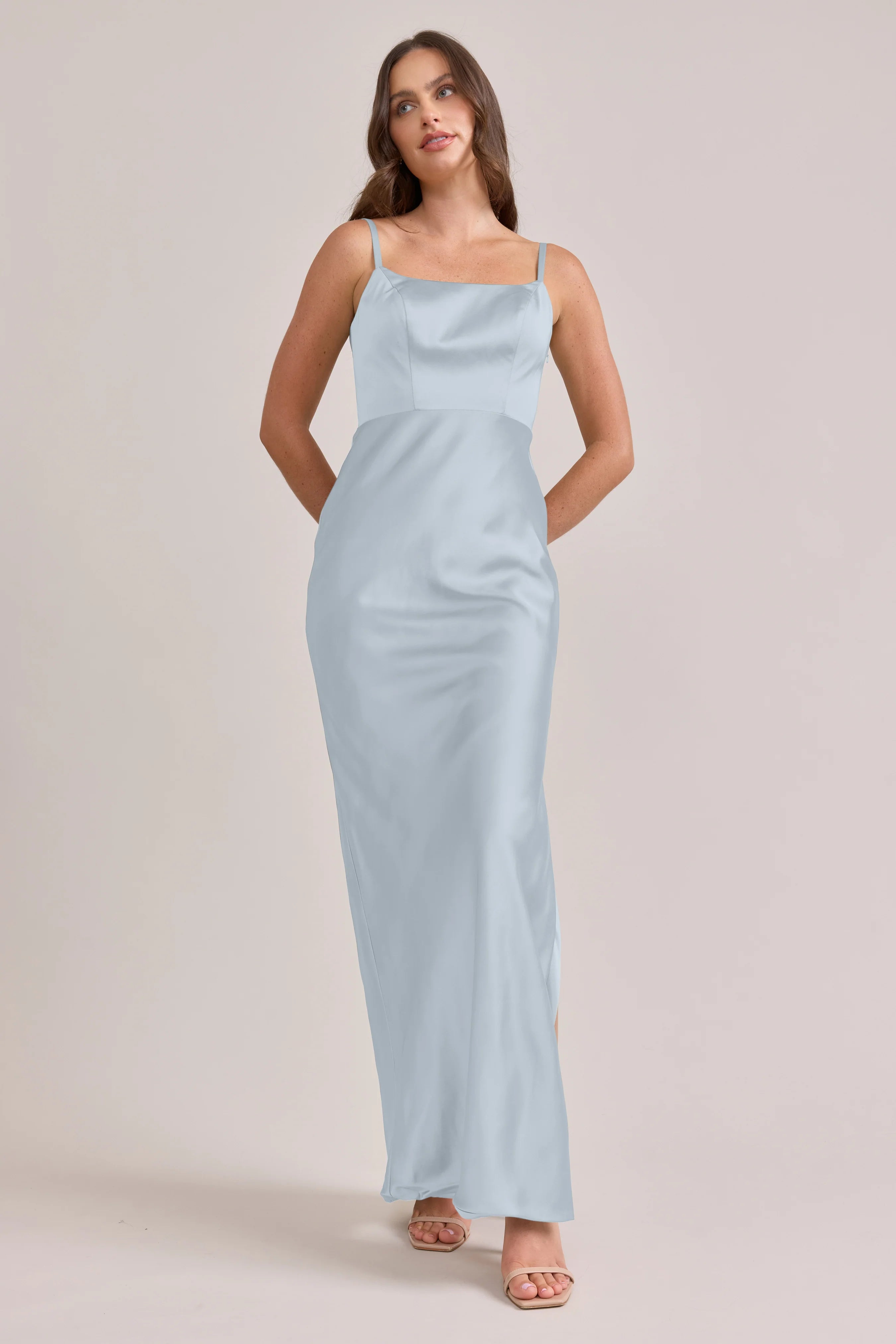 Modern Square Neck Spaghetti Strap Satin Mermaid Bridesmaid Dress with V-Back & High Slit in Sky Blue