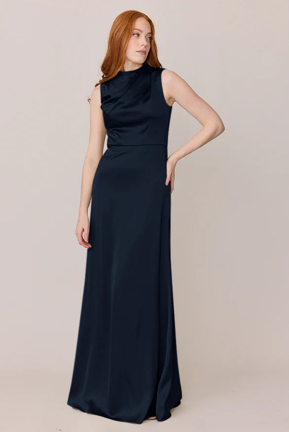 Modern Cowl Neck Sleeveless Satin Mermaid Bridesmaid Dress with Back Slit