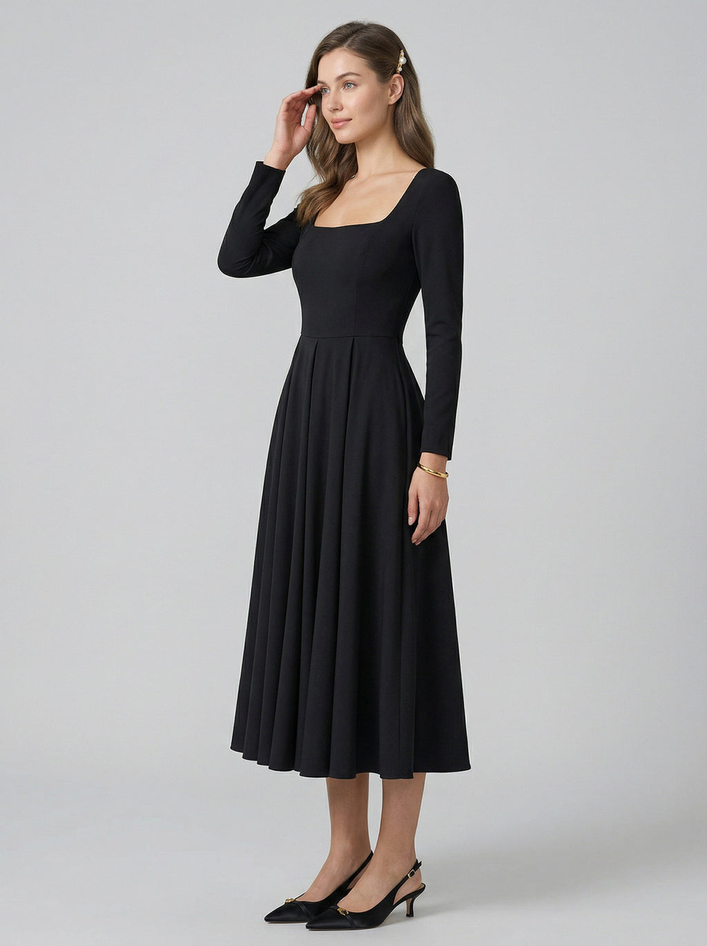 Modest Black Stretch Knit A-Line Square Neck Back Zip Tea-Length Bridesmaid Dress
