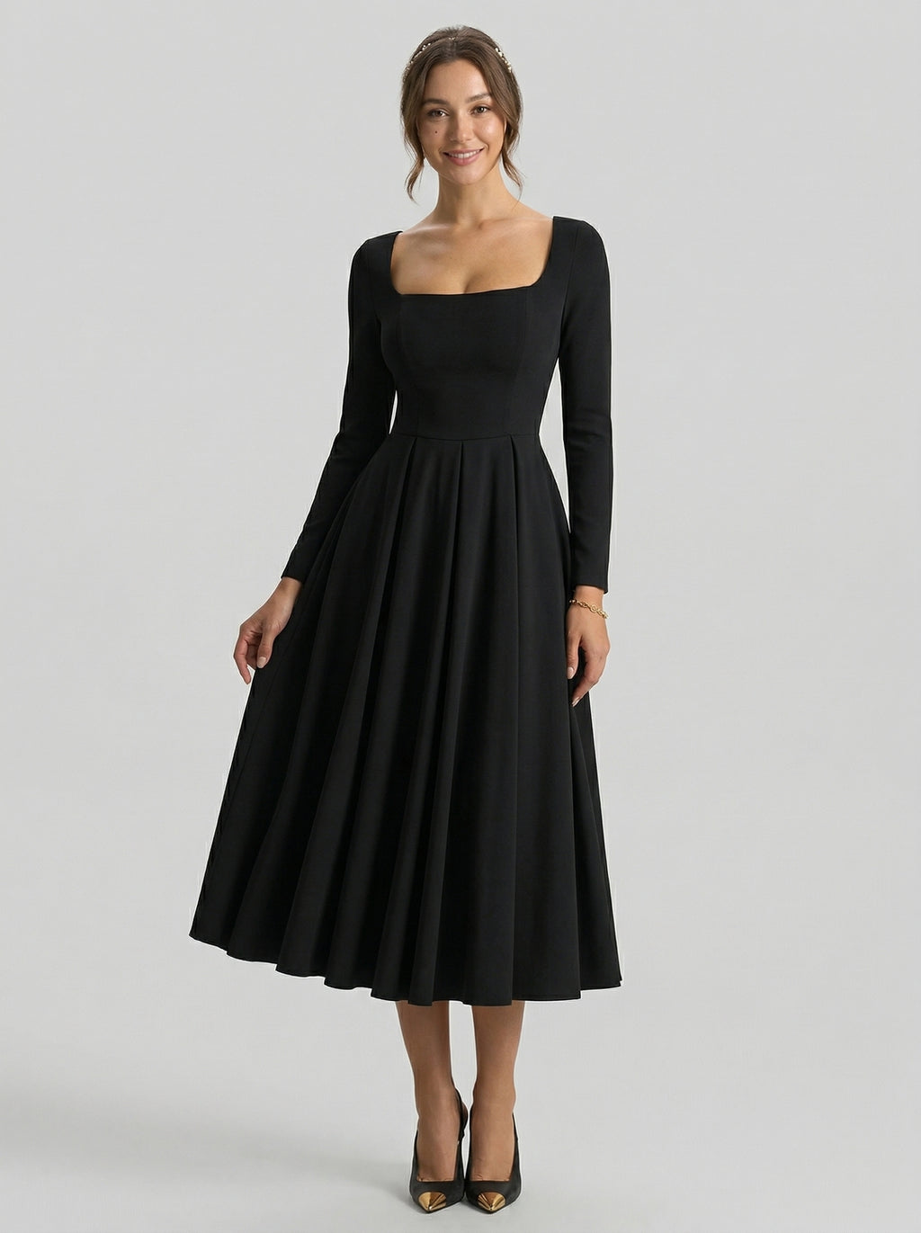 Modest Black Stretch Knit A-Line Square Neck Back Zip Tea-Length Bridesmaid Dress
