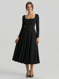 Modest Black Stretch Knit A-Line Square Neck Back Zip Tea-Length Bridesmaid Dress