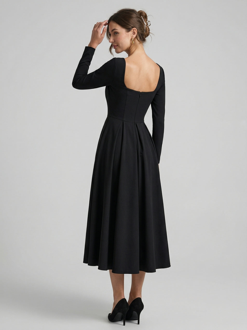 Modest Black Stretch Knit A-Line Square Neck Back Zip Tea-Length Bridesmaid Dress