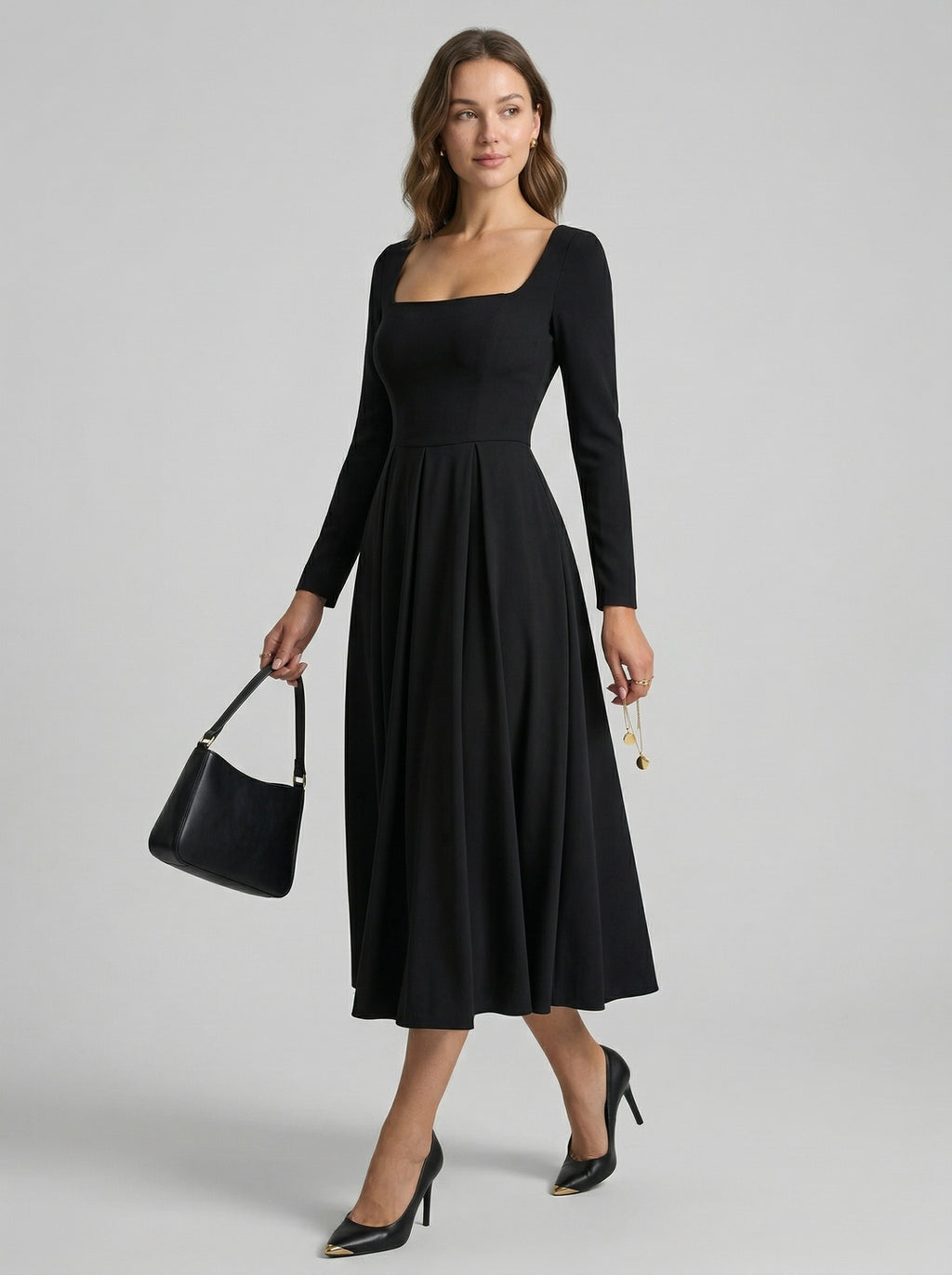 Modest Black Stretch Knit A-Line Square Neck Back Zip Tea-Length Bridesmaid Dress