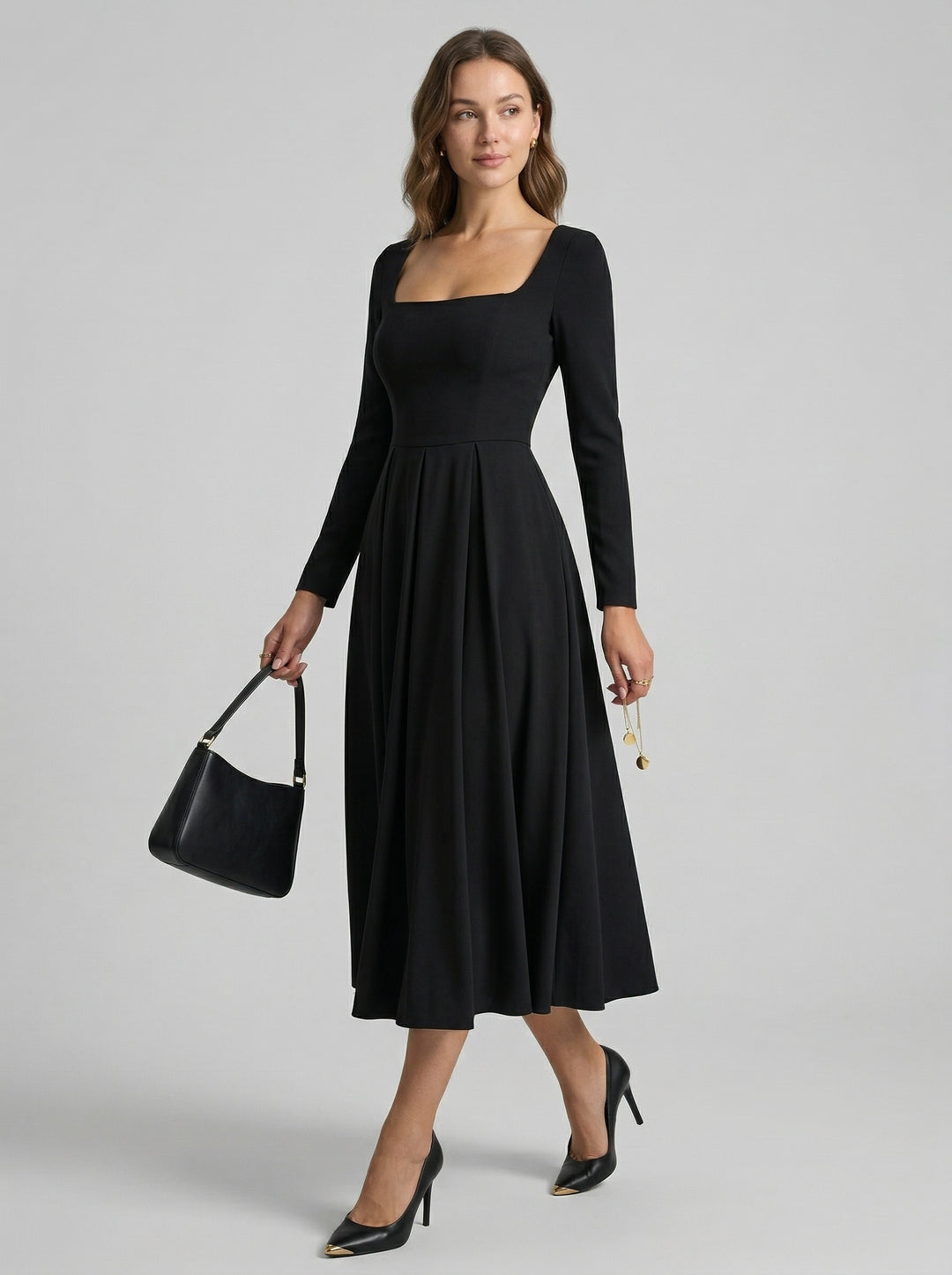 Modest Black Stretch Crepe A-Line Square Neck Back Zip Tea-Length Bridesmaid Dress