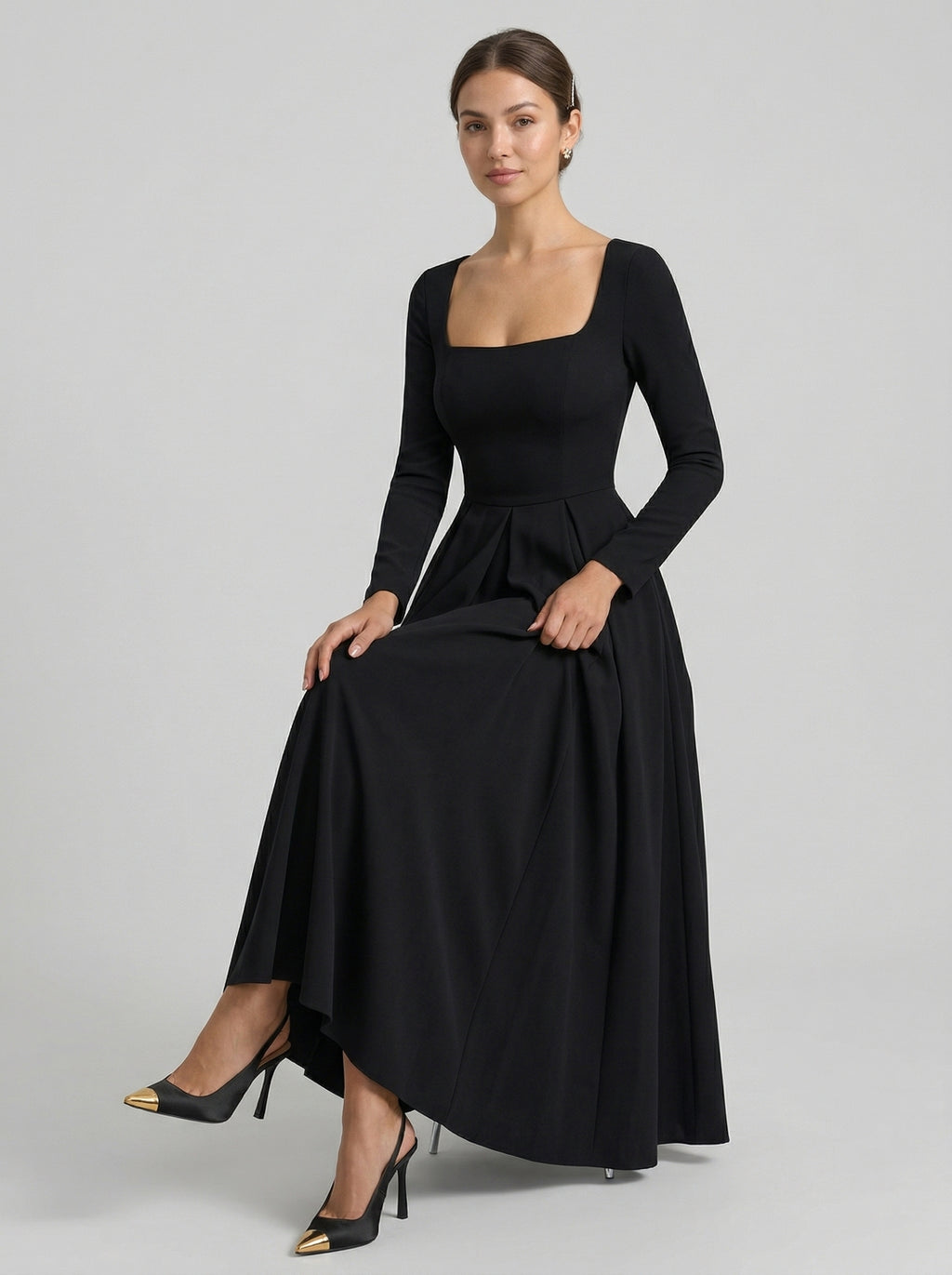 Modest Black Stretch Knit A-Line Square Neck Back Zip Tea-Length Bridesmaid Dress