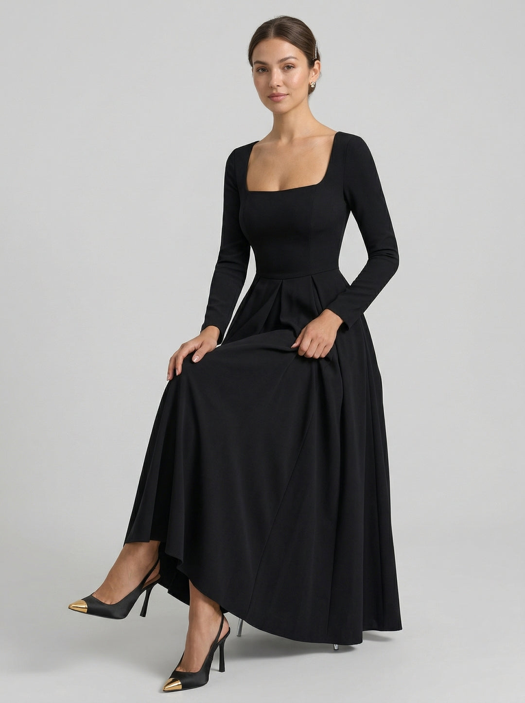 Modest Black Stretch Crepe A-Line Square Neck Back Zip Tea-Length Bridesmaid Dress