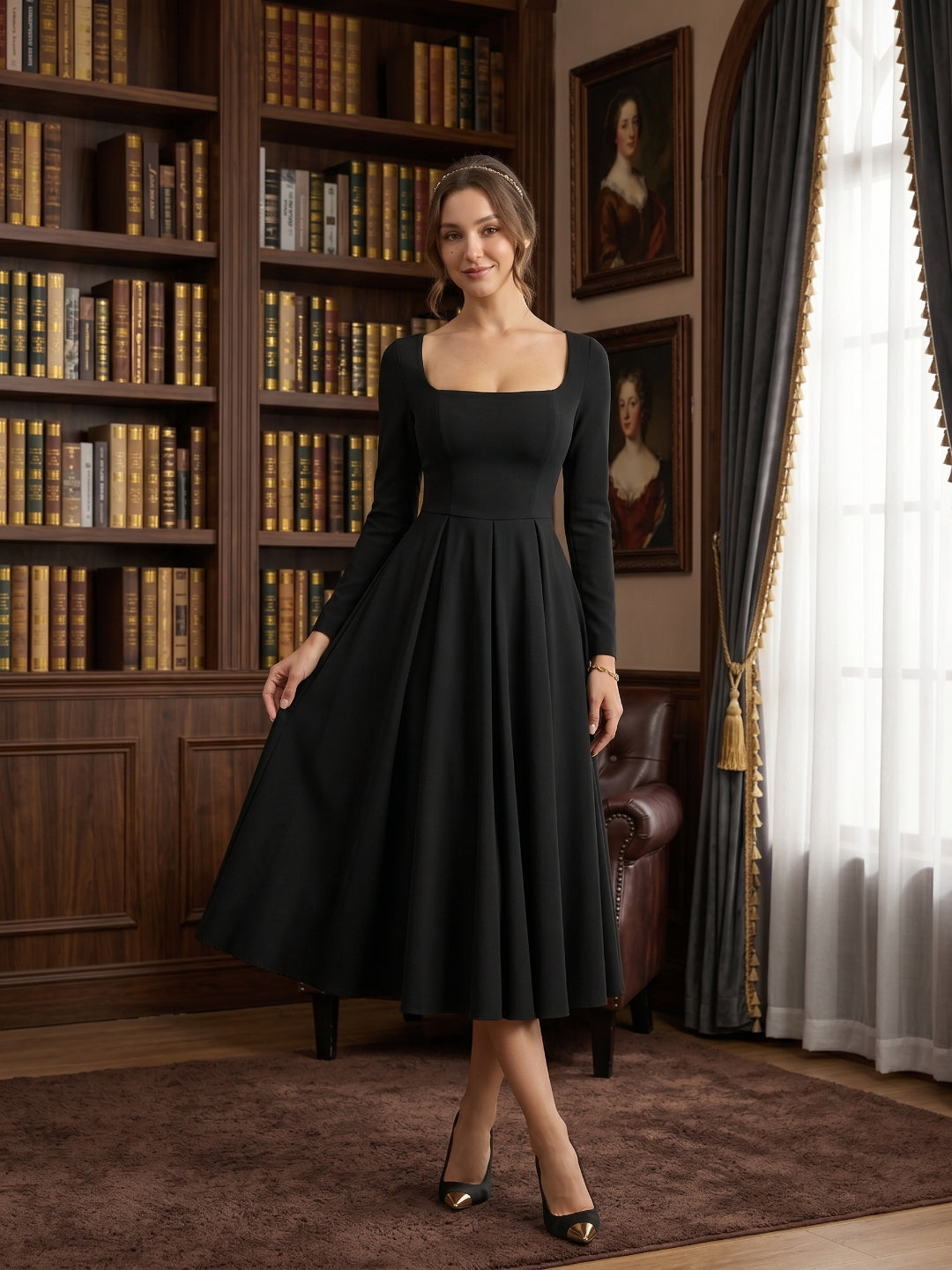 Modest Black Stretch Knit A-Line Square Neck Back Zip Tea-Length Bridesmaid Dress