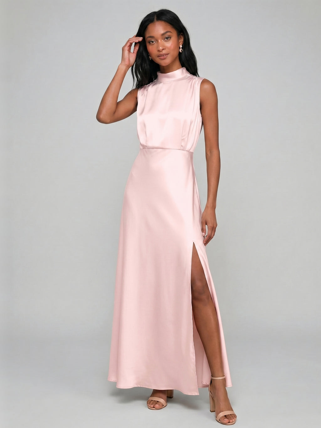 Modest Blushing Pink Satin Sheath Scoop Neck Back Zip Ankle-Length with Pleated Bridesmaid Dress