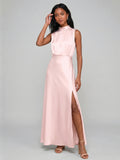 Modest Blushing Pink Satin Sheath Scoop Neck Back Zip Ankle-Length with Pleated Bridesmaid Dress