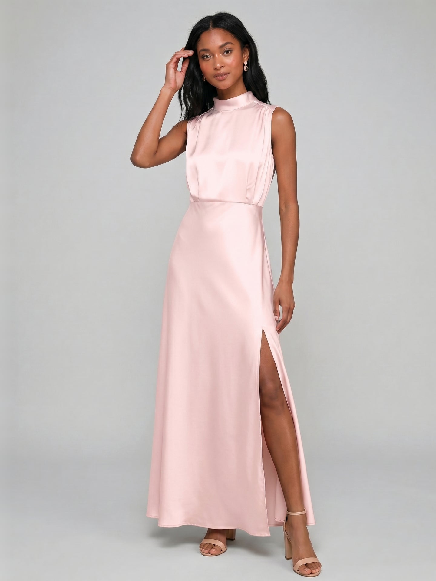 Modest Blushing Pink Satin Sheath Scoop Neck Back Zip Ankle-Length with Pleated Bridesmaid Dress