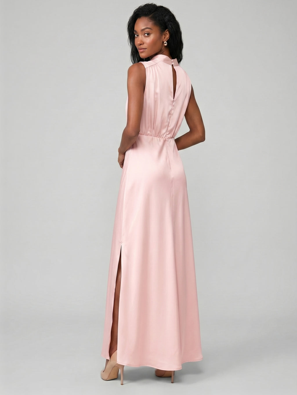 Modest Blushing Pink Satin Sheath Scoop Neck Back Zip Ankle-Length with Pleated Bridesmaid Dress