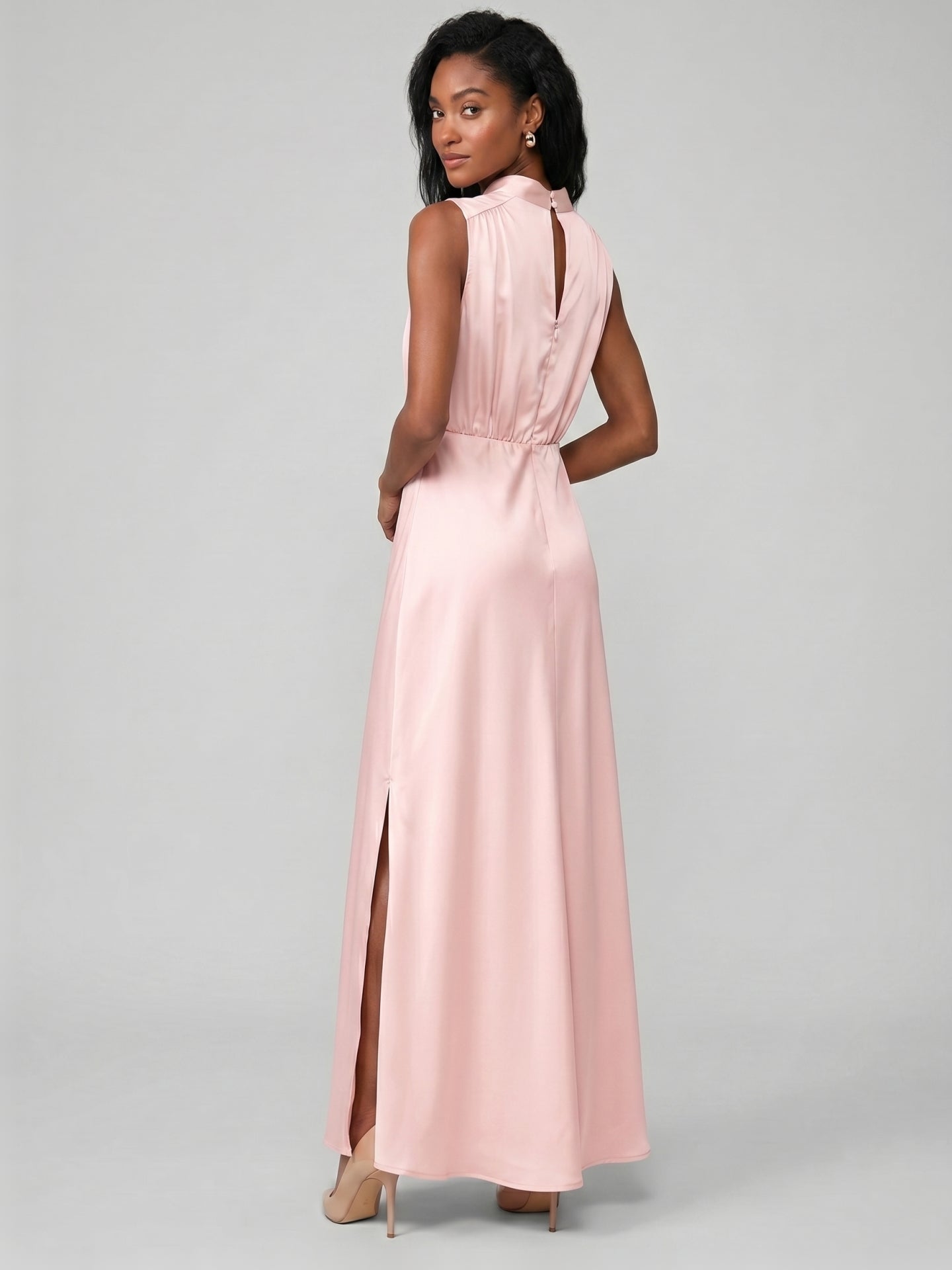 Modest Blushing Pink Satin Sheath Scoop Neck Back Zip Ankle-Length with Pleated Bridesmaid Dress
