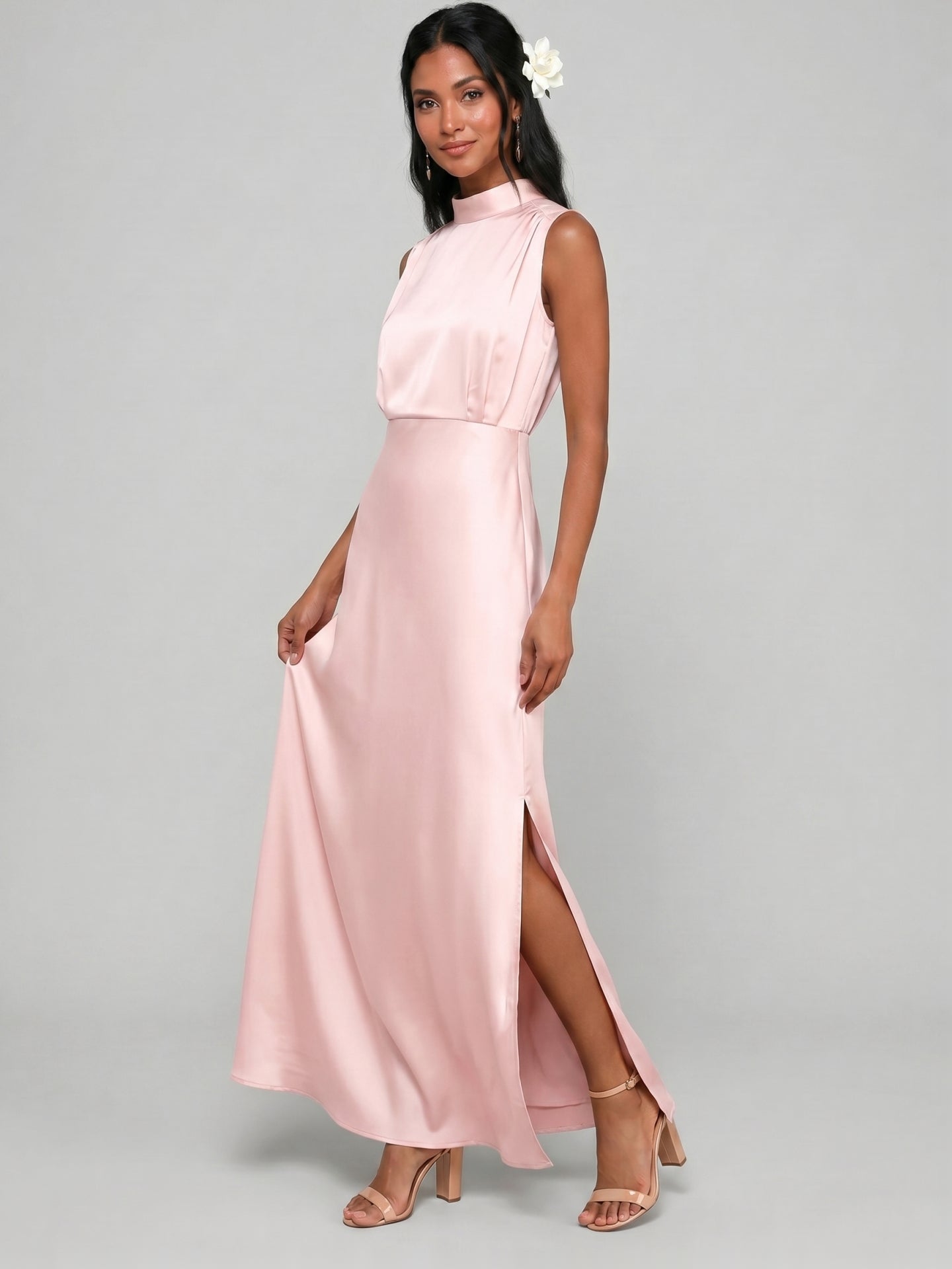 Modest Blushing Pink Satin Sheath Scoop Neck Back Zip Ankle-Length with Pleated Bridesmaid Dress