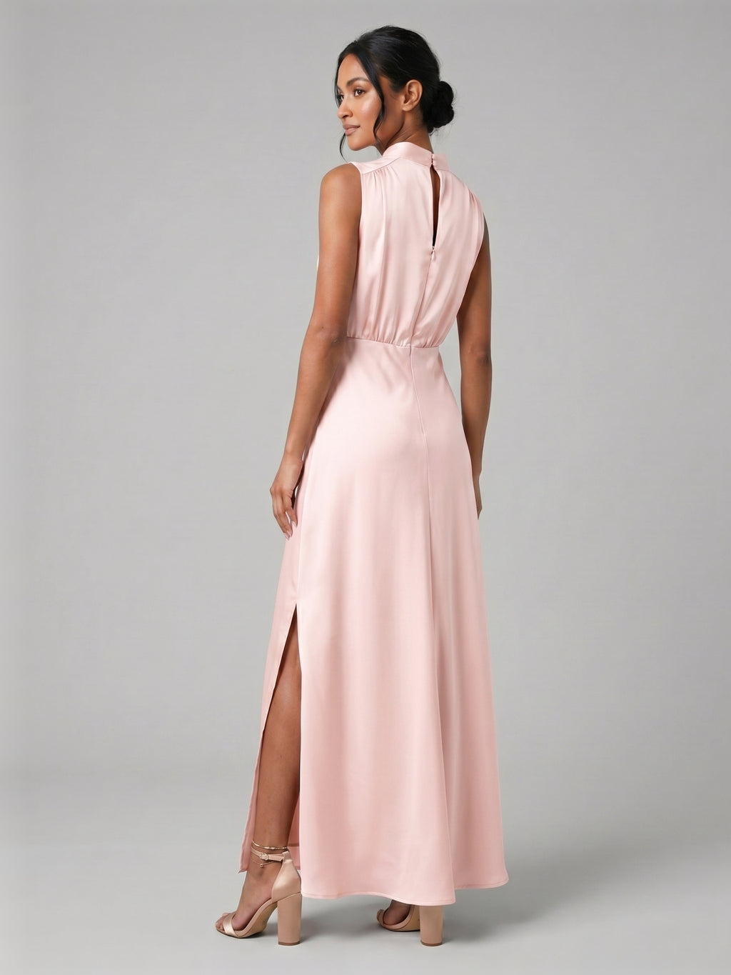 Modest Blushing Pink Satin Sheath Scoop Neck Back Zip Ankle-Length with Pleated Bridesmaid Dress