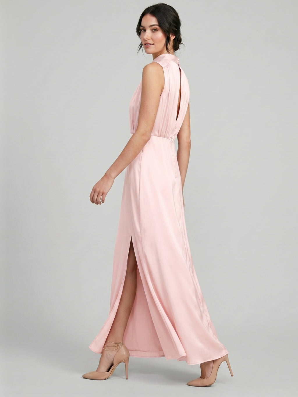 Modest Blushing Pink Satin Sheath Scoop Neck Back Zip Ankle-Length with Pleated Bridesmaid Dress