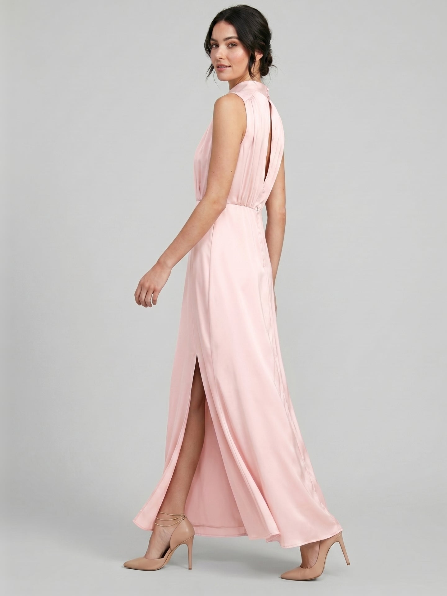 Modest Blushing Pink Satin Sheath Scoop Neck Back Zip Ankle-Length with Pleated Bridesmaid Dress