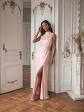 Modest Blushing Pink Satin Sheath Scoop Neck Back Zip Ankle-Length with Pleated Bridesmaid Dress
