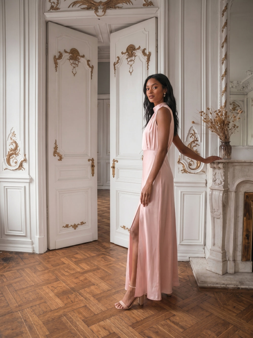 Modest Blushing Pink Satin Sheath Scoop Neck Back Zip Ankle-Length with Pleated Bridesmaid Dress